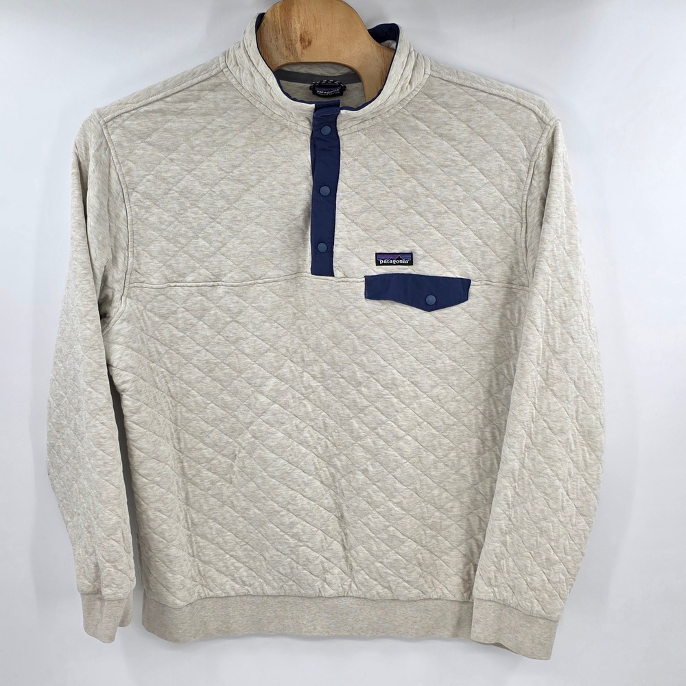 Patagonia Mens 2XL Organic Cotton Quilt Snap-T Pullover Oatmeal Navy Blue